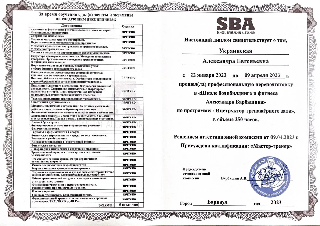 Диплом о профессиональной переподготовке SBA, 2023